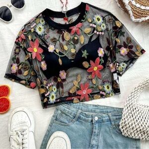 Black Floral Embroidered Crop Top